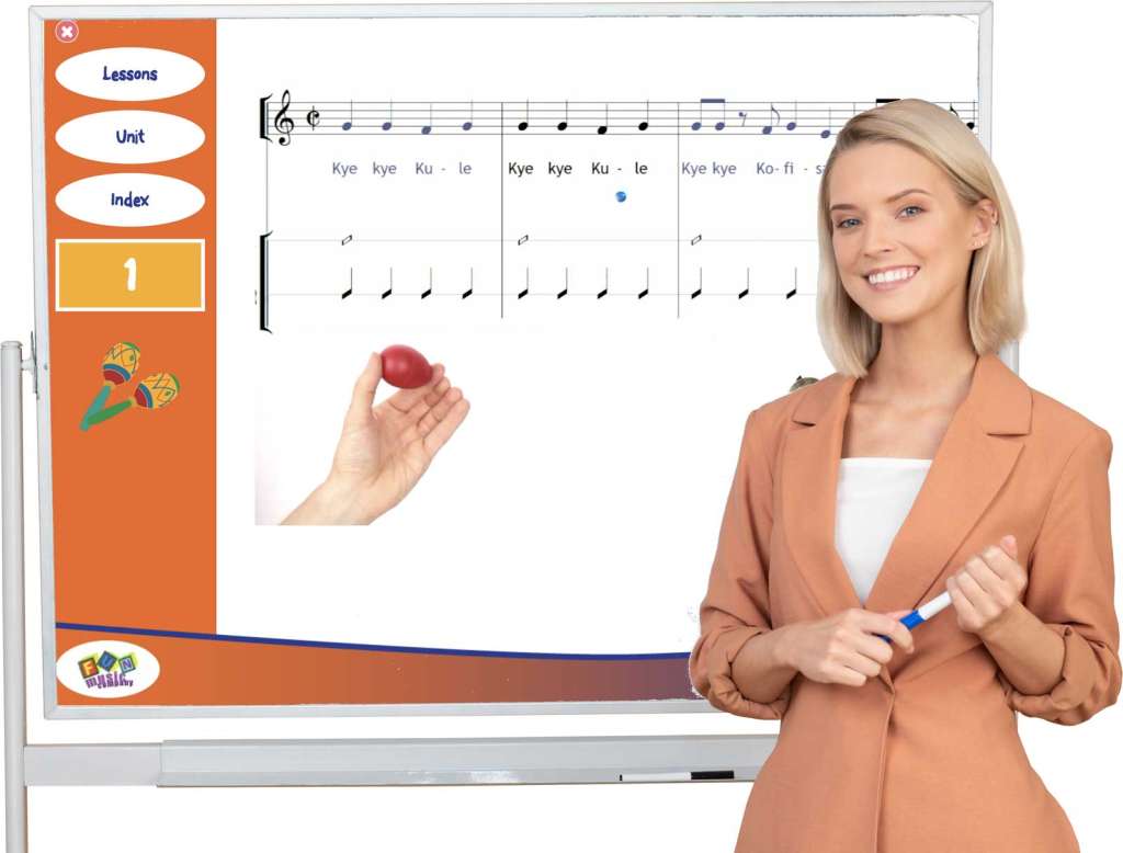 Grade1Lessons_TeacherInFront A teacher preparing to teach grade one music lessons