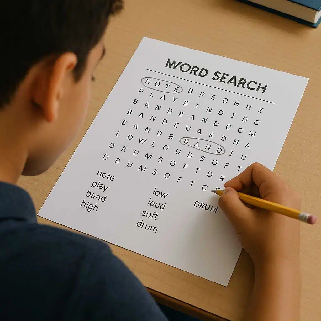 Student Completing a Music Word Search Student Completing a Music Word Search