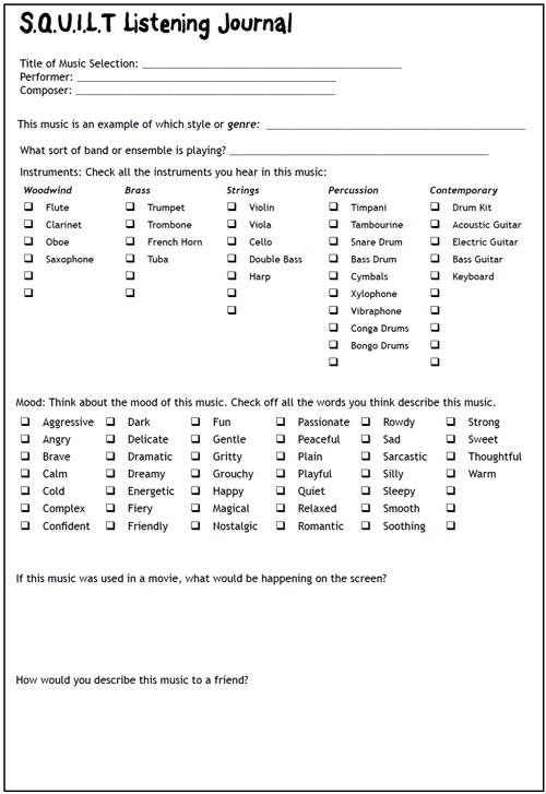 Music listening idea squilt worksheet